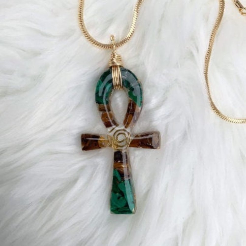 Tiger Eye & Malachite Ankh Pendant